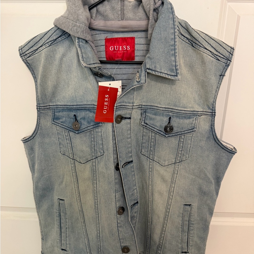 Guess Light Blue Denim Vest with Gray Hood